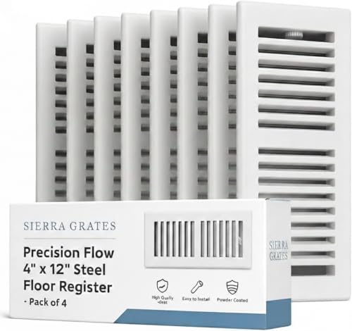 Image of 4 inch x 12 inch White Floor Register 2 Way - Stamped Face Steel Vent Cover, HVAC Floor Grille for AC Heat, Fits 4x12 Duct Opening, Heavy Duty Metal Register, 4 Pack