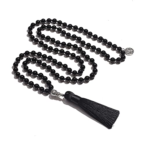 108 Mala Prayer Beads Necklace Natural Stones Meditation Yoga Jewery 108 Hand Knotted Japan Mala Beaded Long Tassel Necklace with Tree of Life Pendant for Men and Women