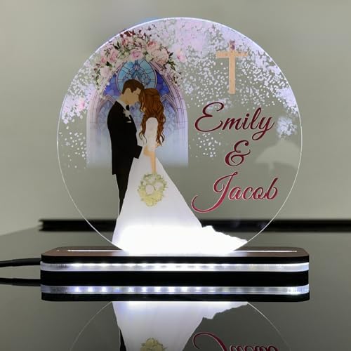 Image of Personalized Christian Wedding LED Acrylic Lamp - Custom Couple Name Bridal Gift with Cross - Elegant Church-Themed Light for Marriage, Anniversary, or Reception Decor