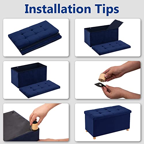 YOUDENOVA 30 Inches Folding Storage Ottoman Bench, Velvet Storage Chest, Footrest Couch with Wooden Legs, Support 350lbs for Bedroom, Living Room, Hallway, Navy Blue - Thumbnail 6