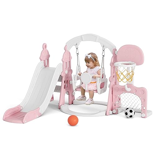 Image of XJD 6-in-1 Toddler Slide and Swing Set, Kids Slide for Toddlers Age 1+, Toddler Outdoor Playset with Basketball Hoop, Football Frame, Swing, Outdoor Indoor Playground for Toddlers 1-3 (Pink)