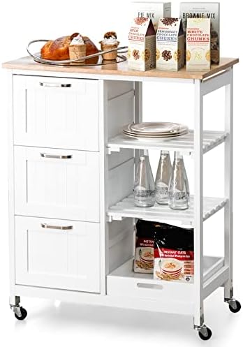 CASART Kitchen Island Trolley Cart, 3 Drawer Kitchen Storage Cabinet, Portable Food Cart with Pine Wood Worktop and Rolling Wheels for Kitchen, Restaurant and Home