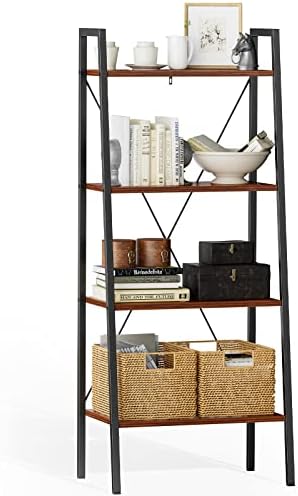 Pipishell Industrial Ladder Shelf, 4-Tier Bookshelf, Free Standing Bookcase Storage Rack Shelves Plant Flower Stand with Wood Look for Living Room, Bedroom, Kitchen, Bathroom, Home Office, Balcony