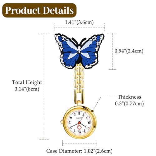 Image of Lancardo Pin On Nurse Watch: Unique Butterfly Pattern Badge Analog Quartz Easy to Read Pocket Watch for Women Men Doctor Hospital
