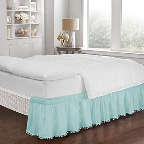 EASY FIT Pom Pom Elastic Wrap Around Bed Skirt, Easy On/Off Dust Ruffle (18 Inch Drop), Twin/Full, Blue Cover