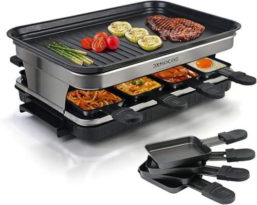 Dxmocos Raclette Grills Indoor Raclette Machine Grill for 8 with Non-Stick Coating Plate 8 Mini Pans 1500W Adjustable Temperature Control for 8 Person