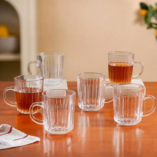 Image of Nestasia Set of 6 Transparent Glass Tea Cups (230ml Each) - Ribbed Durable & Chip-Resistant Coffee Mugs | Perfect for Coffee, Tea, Hot & Cold Beverages