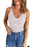 EVALESS Sexy V Neck Floral Crochet Lace Camisole for Women Summer Cute Spaghetti Strap White Slimming Tank Tops Solid Cami Tops Sleeveless Shirts Large