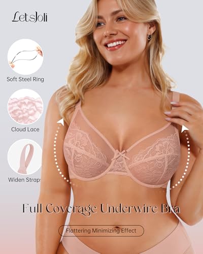 Image of LetsJoli Minimizer Bras for Women Full Coverage Lace Underwire Plus Size | Supportive Bras for Older Women, Unlined Cup, Cool Soft Comfort, Tshirt Everyday Bra, Sexy
