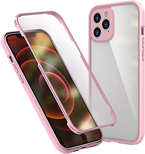 Coque iPhone 12 et 12 Pro en verre double face rose avec boucle 360