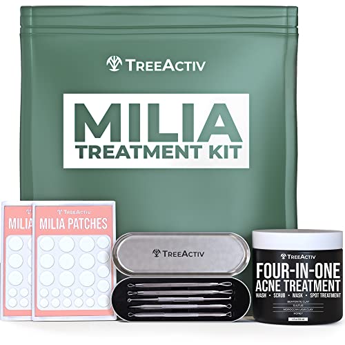 Milia Treatment Kit, Improves Milia Overnight, Complete Removal In 2 Weeks, 3 Step System Includes Milia Remover Tool, Patches, & Exfoliating Scrub For The Complete Milia Treatment System By TreeActiv