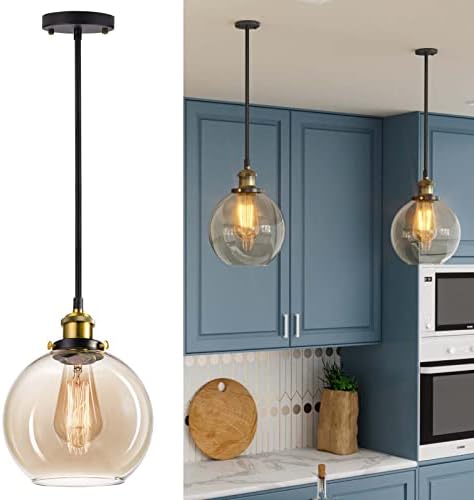 Frideko Glass Pendant Light - 7.9 inches Globe Pendant Light, Modern Pendant Lighting for Kitchen Island, Amber Glass Kitchen Lights, Pendant Lights Kitchen Island, Ceiling Light for Dining Room