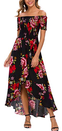Kormei Women Short Sleeve Off Shoulder Floral High Low Flowy Summer Party Long Maxi Dress L Black&Red