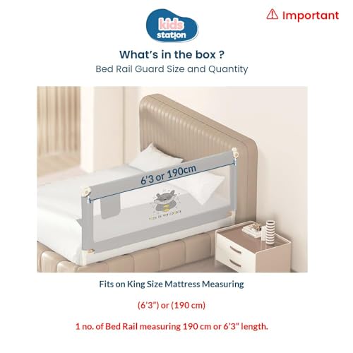 Image of Kids Station 1 Side Premium Bed Rail Guard (6.3ft x 2.6ft / 190cm x 80cm), Bed Railing for Baby Safety, Kids Toddler Bed Protector Side Walls, Adjustable Height, Portable & Foldable (Grey)