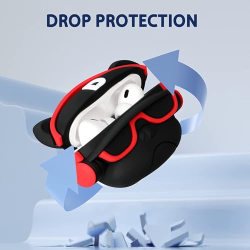 Image of Meyaar Earphone Case Cover Compatible for Realme Buds T300, Soft Silicone Skin Case Cover Shock-Absorbing Protective Case with Keychain (Front LED Visible) (Black Dog with Red Band)