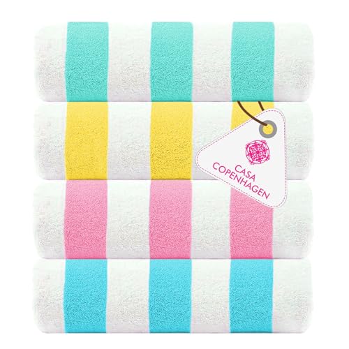 Casa Copenhagen Lot Cadeau de 4 Serviettes de Plage Cabana aux Rayures Design Turquoise, Bleu d'eau, Rose, Jaune Clair XL Taille 76x152cm 100% Coton pour...