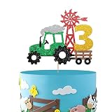 Tractor 3rd Birthday Cake Topper, Tractor Three Cake Topper for Boy, Farm Truck 3 Years Old Birthday Cake Decor, Farm Barnyard Themed 3rd Anniversary Party Decoration - Green Glitter