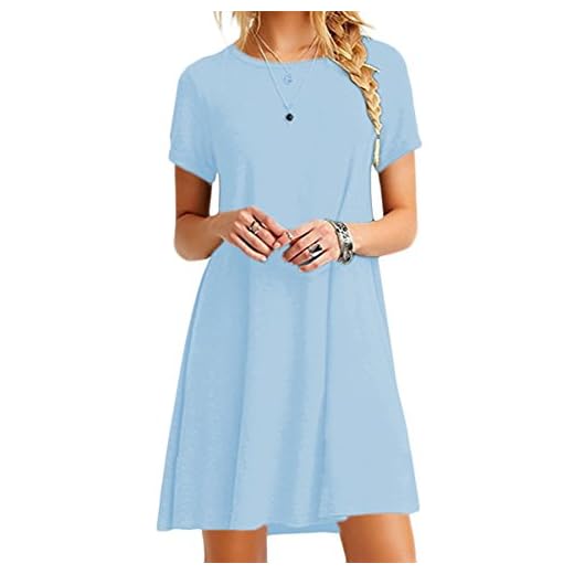YMING Frauen Casual Rundhals s Kleid Kurzarm Große Größe Tunika Mini Sommerkleid Langes Shirt Himmelblau XXXXL/DE 48