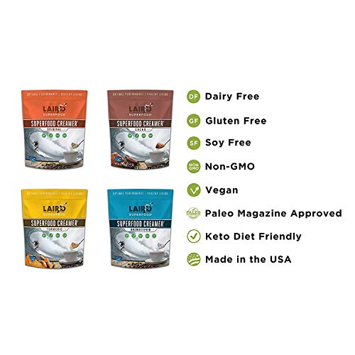 Image of Laird Superfood Coffee Creamer Sampler Pack | Non-Dairy | Organic | Gluten Free | Vegan | Paleo Diet Approved | Unsweetened, Original, Cacao and Turmeric- 8 Ounce (Pack of 4)