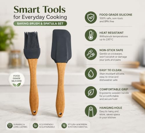 Image of Clazkit Silicone Oil Brush for Cooking & Non-Stick Silicone Spatula Baking & Mixing - with Wooden Handle, Non-Stick Cookware Heat Resistant Kitchen Utensil Tools|Black