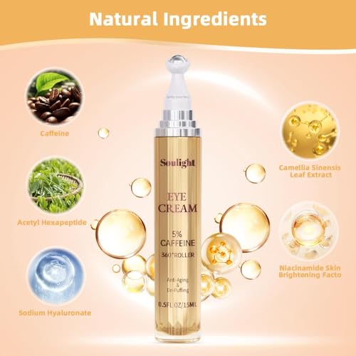 5% Caffeine Eye Serum Anti Aging, Eye Cream Reduce Dark Circles, Puffiness, Fine Lines, Wrinkles, Hyaluronic Acid Niacinamide Eye Moisturizer with 360° Massage Ball, Eye Balm for Men& Women - Thumbnail 2