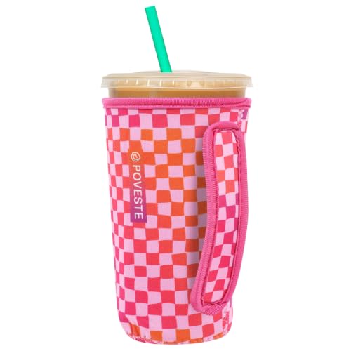 Image of Reusable Neoprene Insulator Sleeve for Iced Coffee & Cold Soda, Coffee Sleeves for Iced & Hot Drinks, Cold Beverage Cooler Compatible with Starbucks, Dunkin (Gradient Cherckerboard, Large: 32oz)