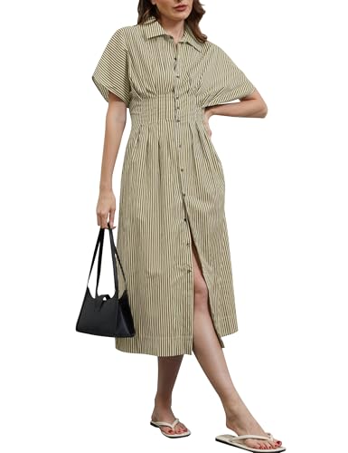 Image of MISSACTIVER Button Front Pleated Shirt Dress for Women Summer Striped Short Sleeve Lapel V Neck Corset Maxi Dress