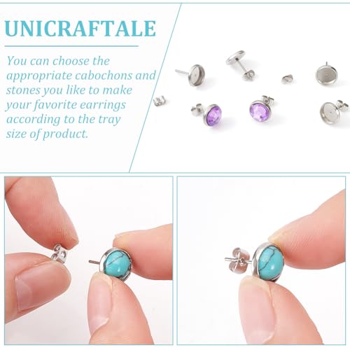 UNICRAFTALE 200pcs Flat Round 304 Stainless Steel Stud Earring Cabochon Setting Post Blank Ear Stud 8mm Tray with 100 psc Butterfly Friction Ear Nuts for DIY Earring Jewelry Making - Image 4