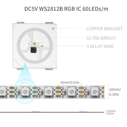 LOAMLIN WS2812B Individually Addressable RGB LED Strip 16.4FT 5050SMD Smart Flexible Dream Full Color 60Pixels/m White PCB Light IP65 Waterproof DC5V (White PCB, 16.4FT 300LEDs IP65)
