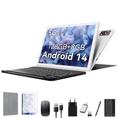 Tablet 10 Zoll | 8GB + 128 GB Speicherplatz(1TB TF) | 5G Wi-Fi Android-Tablet | Octa-Core | 1280 * 800 | 7000mAh | 13MP+8MP | Face ID | Android 14 Tablet PC mit Hülle Tastatur Maus Stift | Silber