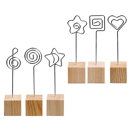 VOSAREA 6pcs Wood Tabletop Photo Holder Rustic Wood Cube Base Card Note Desk Memo Clips Holder for Wedding Home Party Table Number