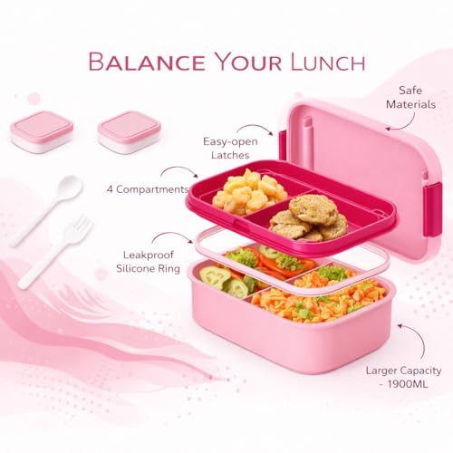 Image of YELONA Lunch Box for Office & Kids 1900ML | Double Layer Leakproof Bento Box with 5 Compartments | Microwave Safe, Built-in Spoon & Fork, BPA Free Tiffin Box - Pink