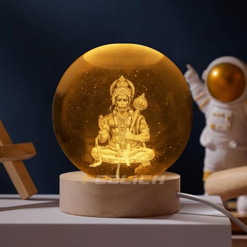 Image of 3D Hanuman Crystal Ball Night Lamp, Solar System Hanuman Crystal Ball Night Light, USB Table Colorful Led Wooden Crystel Ball for Home, Office, Birthday Gift (Hanuman)