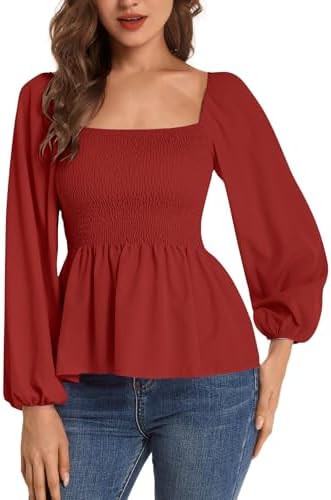 Umenlele Women's Long Sleeve Square Neck Shirred Ruched Ruffle