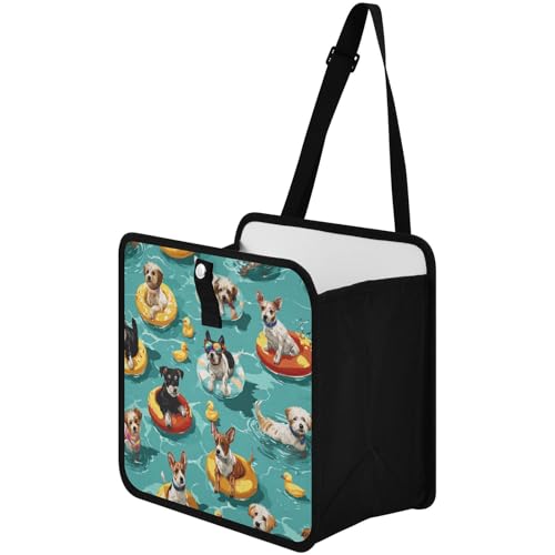 Image of Car Trash Can Organizer Bin with Adjustable Strap for Back Front Seat Console Waterproof Leakproof Collapsible Portable 8.66 Inch Teal Swimming Pool Dogs and Ducks