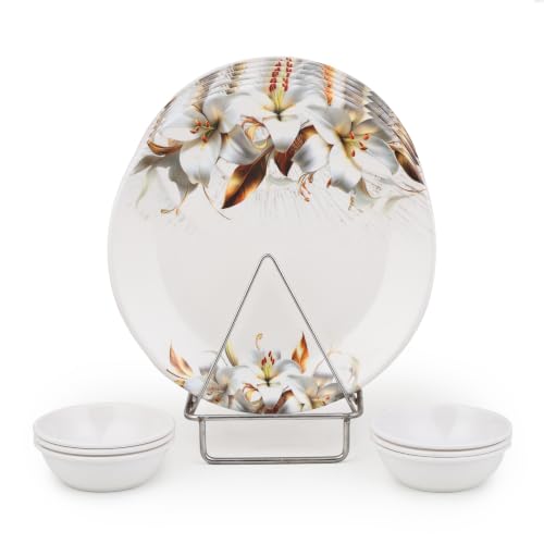 Image of Golden Fish Melamine Round Dinner Plate & Bowl Set of 12 (6 Plates + 6 Veg Bowls) | Grey Floral Print | Unbreakable, Dishwasher & Microwave Safe