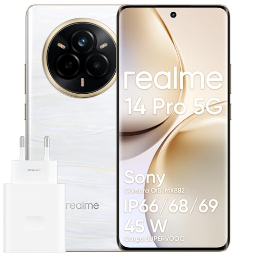 realme Smartphone 14 Pro 5G, 12 + 512 GB, chipset MediaTek Dimensity 7300, cámara OIS de 50 MP, Pantalla Curva 3D de 6,77' y 120 Hz, batería de 6000 mAh, Color Platino (con Adaptador)