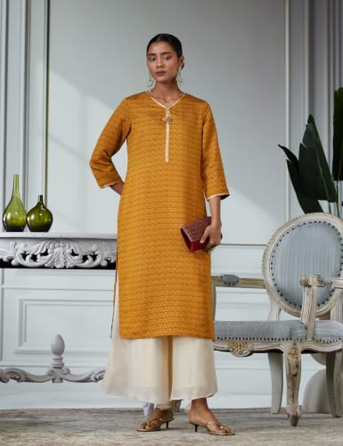 Image of Rangriti Mustard Liva Straight Printed Kurta for Women