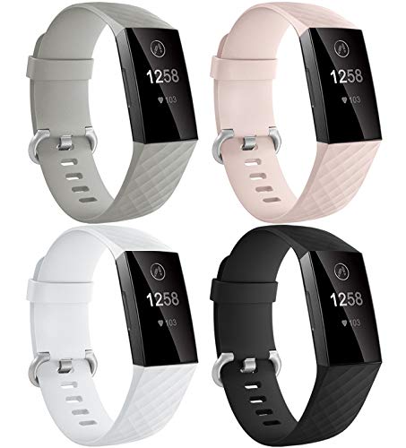 Dirrelo Compatible avec Bracelet Fitbit Charge 3/Fitbit Charge 4 pour Femmes Hommes, 4 Pack Étanche Remplacement de Silicone Réglable Sport Bracelets pour Charge 3/4/SE, Noir+Rose+Blanc+Gris S
