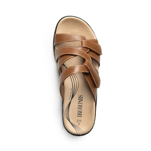 DREAM PAIRS DREAM PAIRS Womens Slides Arch Support Slip on Flat Sandals Plantar Fasciitis Soft Cushion Slippers With Adjustable Straps,Size 10,Tan,SDSS2412W