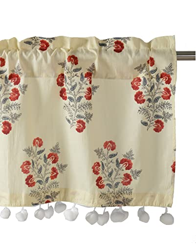 Image of Ravaiyaa Hand Printed Half Window Kitchen Curtain 100% Cotton Short Drapery Valance Curtain 40 inch X 18 inch Inch (Beige Brown Floral, Washable, Pack of 1) Semi Sheer, Rod Pocket Curtains