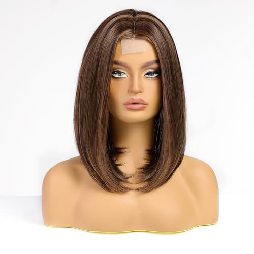 HAIRCUBE Short Wigs for Women,Brown Bob Wig Shoulder Length Synthetic Wig Heat Resistant Hair for Daily Party Use 16 Inches(Brown Mixed Blonde)