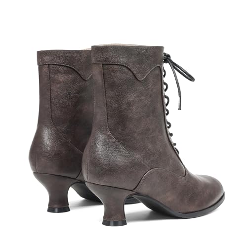Image of Women's Victorian Ankle Boots - Mid Calf, Round Toe, Black Boots with Chunky Heel & Lace Up Detail