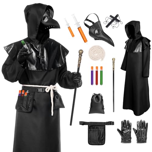 Alaiyaky Plague Doctor Mask Costumes Cloak Set for Adults Black Plague Doctor Robe with Gloves Halloween Cosplay Outfit Men (Black, Small)