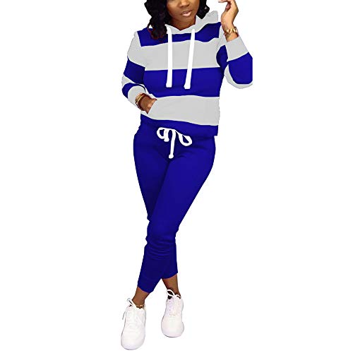 WOOSEN Women's 2 Piece Outfits Plus Size Stripe Long Sleeve Hoodie & Skinny Pants Tracksuits Bodycon Sweatsuit, 3136-1-blue, XX-Large