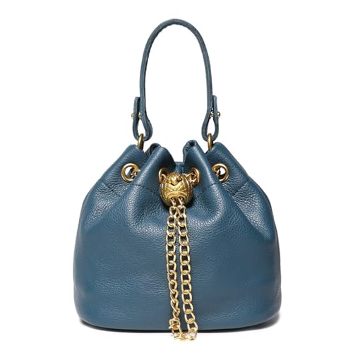 Genuine Leather Bucket Bag Shoulder Bag with Chain Strap for Women