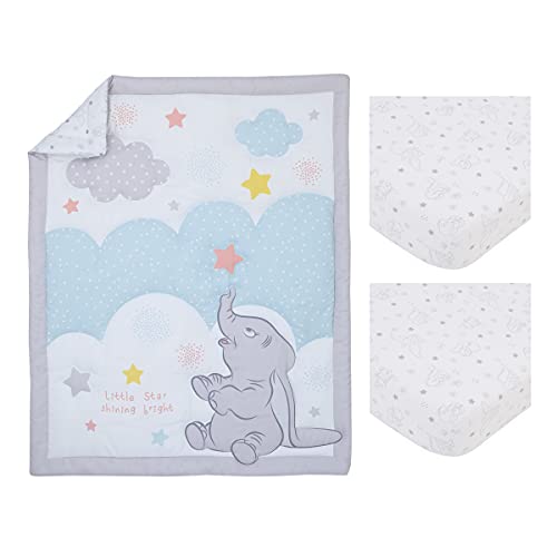 Disney Dumbo Shine Bright Little Star White, Gray, And Aqua Cloud 3 Piece Nursery Mini Crib Bedding Set - Comforter And Two Fitted Mini Crib Sheets #TOP3