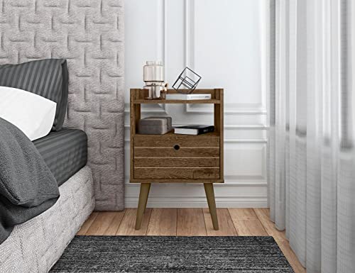 Manhattan Comfort Bogart Mid Century Modern Nightstand With Open Shelf And Drawer, Accent Bedside Or End Table For Bedroom Or Living Room, Rustic Brown #TOP1