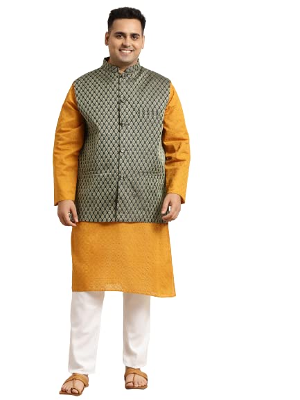 SOJANYA (Since 1958) Men's Pure Cotton Mustard Chikankari Kurta & Silk Blend Nehrujacket With White Churidar Pyjama Set-picture-13