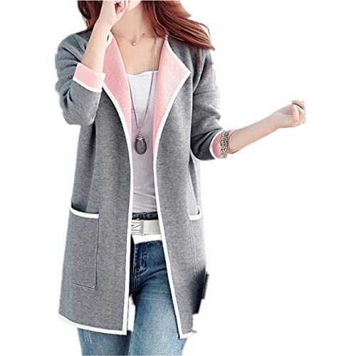 U/A Grande Femme Printemps et Automne Cardigan Femme Moyen et Long Pull Couleur Correspondance Pull Manteau - Gris - 4X-Large